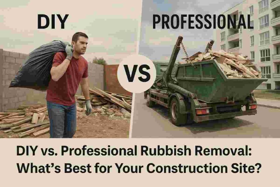 Split image comparing DIY and professional rubbish removal on construction sites