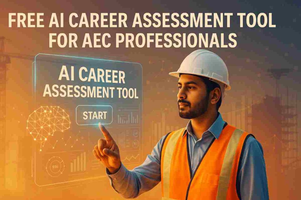 AI-powered career assessment dashboard showing construction professional analyzing career paths with digital interface and AEC industry icons