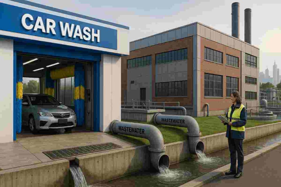 A factory and a car wash discharging water through treatment systems to a city sewer, representing the need for trade effluent consent.