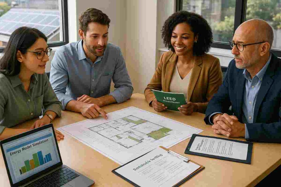 Professional green building advisor consulting with architects and engineers on sustainable construction plans and LEED certification requirements