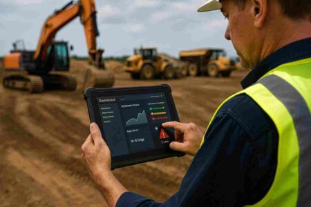 Technician using a digital maintenance dashboard for excavator service.
