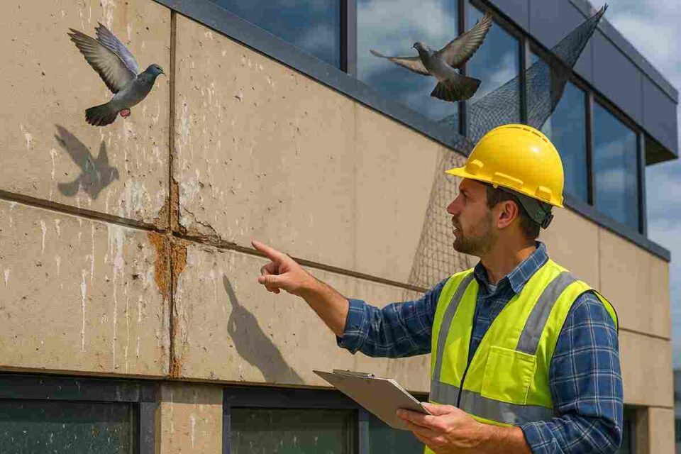Bird damage on a building facade with visible corrosion and droppings.