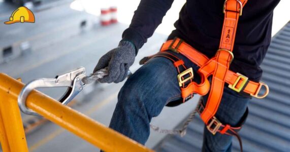 Construction workers using modern rooftop safety systems