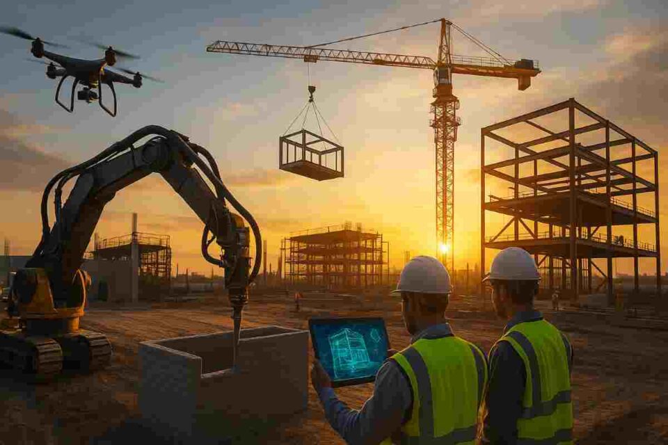Futuristic construction site showcasing drones, a 3D-printing robot, and engineers using a digital-twin tablet.
