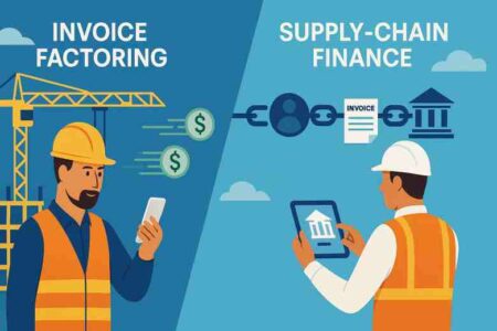 Two construction managers review cash-flow charts comparing invoice factoring and supply-chain finance options on a tablet at a jobsite