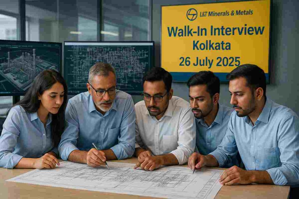 Engineers discussing design schematics at L&T's Minerals & Metals EDRC in Kolkata during the walk-in interview event.