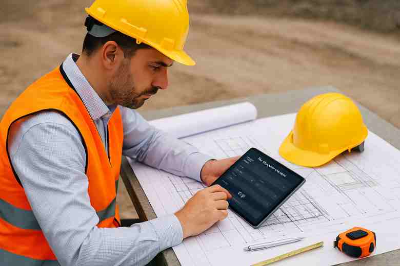 Civil engineer reviewing structural design with unit conversion tools on tablet, blueprint and safety gear on site