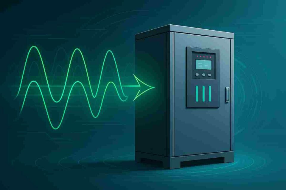 High-efficiency three-phase inverter cabinet with flowing green energy waveforms.