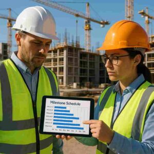 Construction managers using a tablet to review a digital milestone schedule on-site