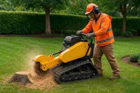 Professional stump grinder rental equipment removing large oak stump in residential backyard