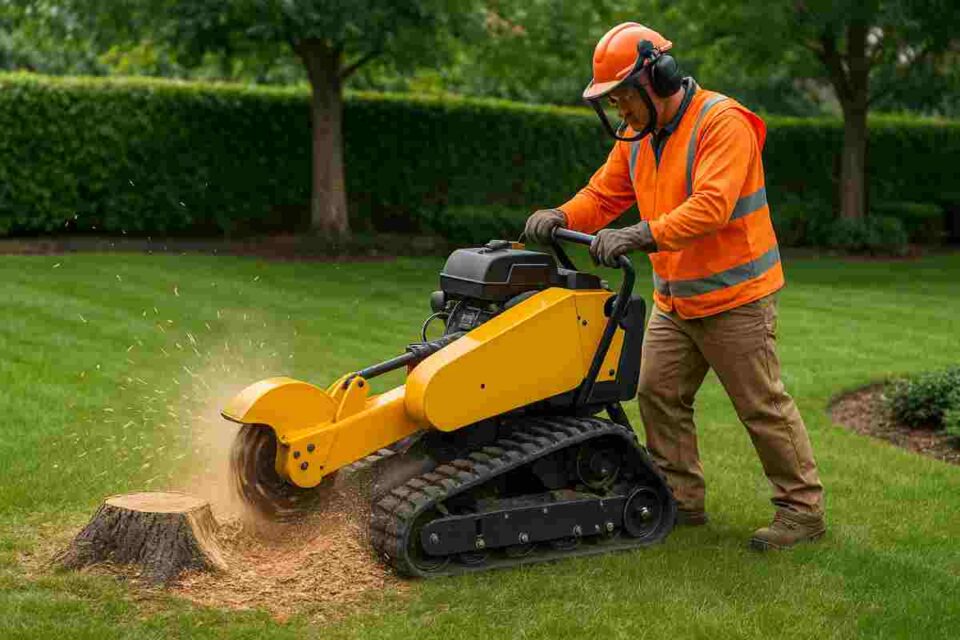 Professional stump grinder rental equipment removing large oak stump in residential backyard
