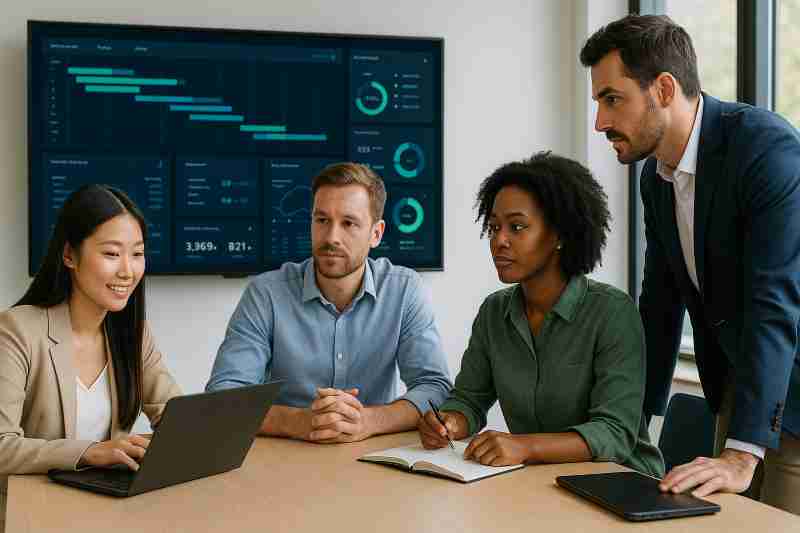 Project team collaborating with AI agents in modern office environment
