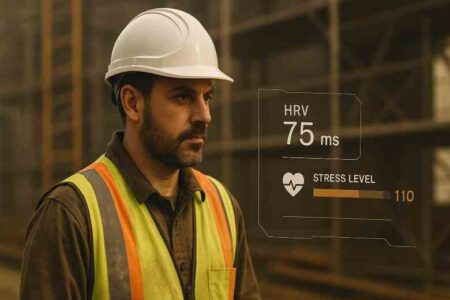 construction worker wearing a stress-monitoring smart helmet