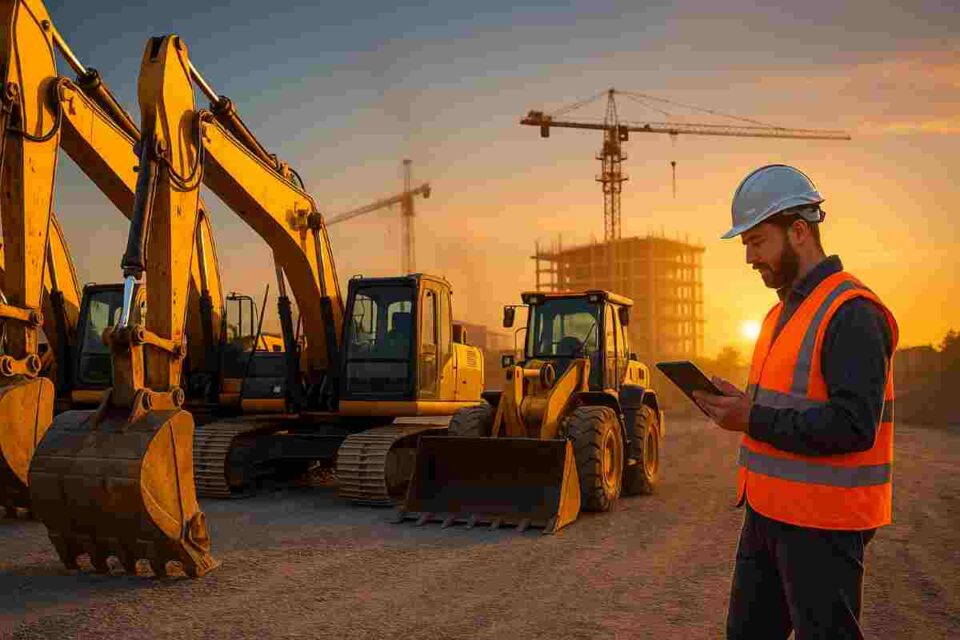 Row of inspected used excavators and wheel loaders for sale at sunset yard
