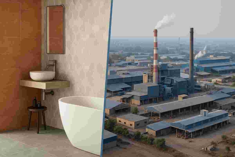 Top 10 tiles companies in India 2025 - Modern bathroom with premium ceramic tiles and Morbi Gujarat manufacturing facilities aerial view with market growth statistics