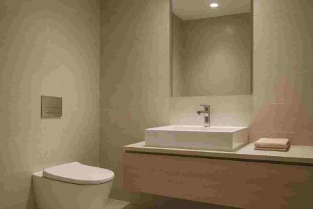 Photo of a modern luxurious bathroom with a wall-mounted toilet, floating wooden vanity, square ceramic washbasin, and stylish chrome faucet.