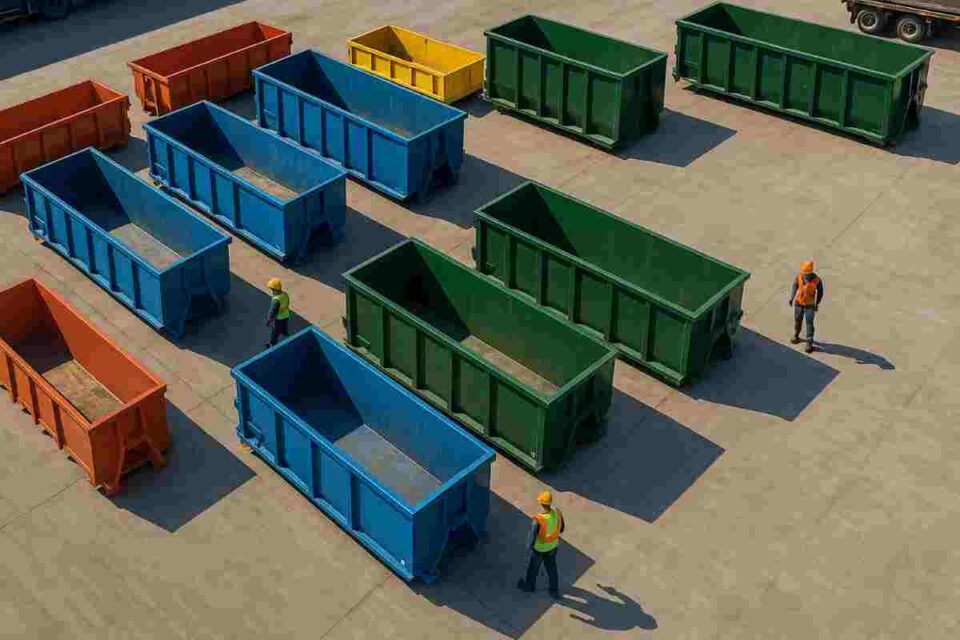 Various sizes of roll off dumpsters at construction site with size comparison chart