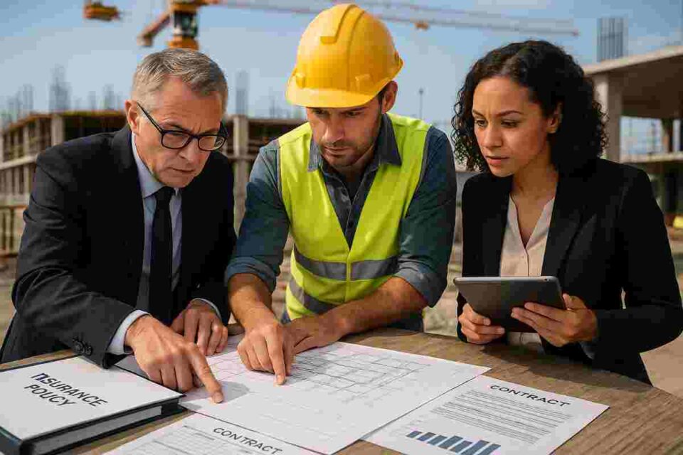 Construction team reviewing builders risk insurance policy documents and payment allocation responsibilities on active job site