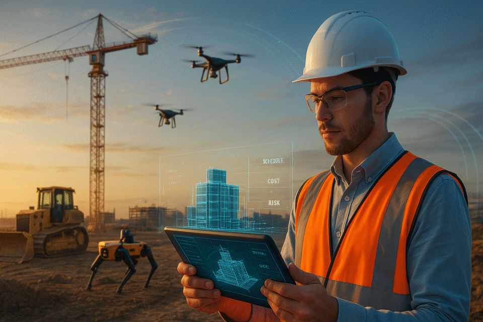 Future of construction careers: civil engineer with BIM/digital twin, drones and robotics, AI analytics overlay
