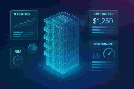 AI-powered BIM 2.0 digital twin visualization showing futuristic building design with data analytics overlay