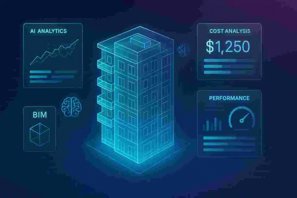AI-powered BIM 2.0 digital twin visualization showing futuristic building design with data analytics overlay