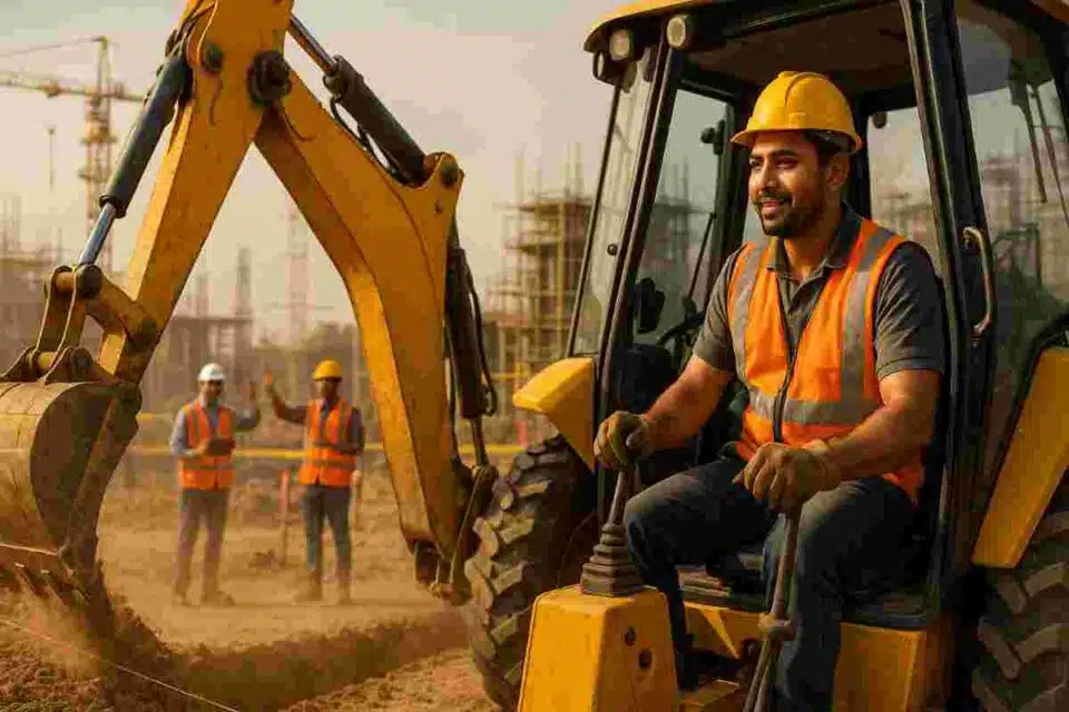 Professional backhoe operator working on construction site with rental equipment