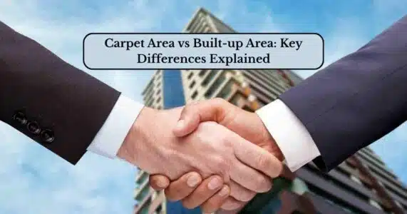 Infographic comparing carpet area and built-up area in real estate, showing two distinct floor plans with labeled spaces and differences in included areas.