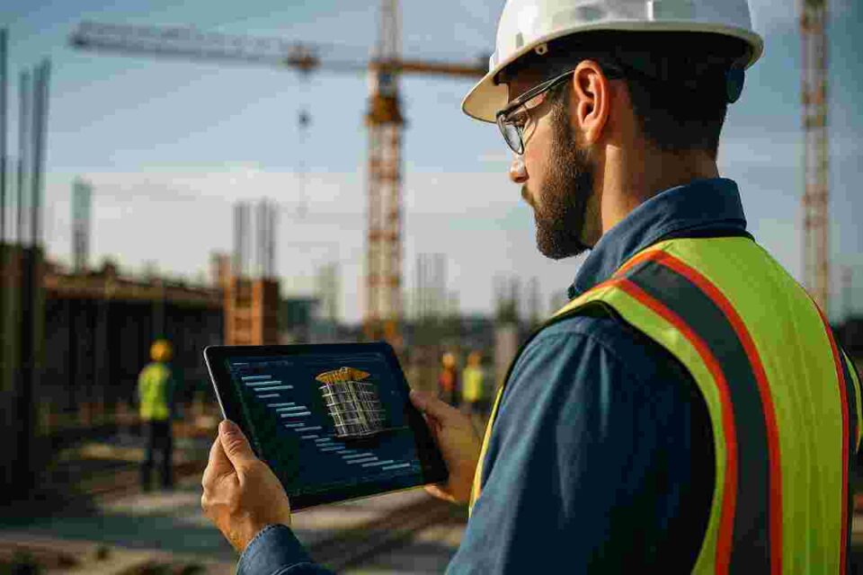 Project manager reviewing 4D construction schedule on a tablet at a live jobsite.