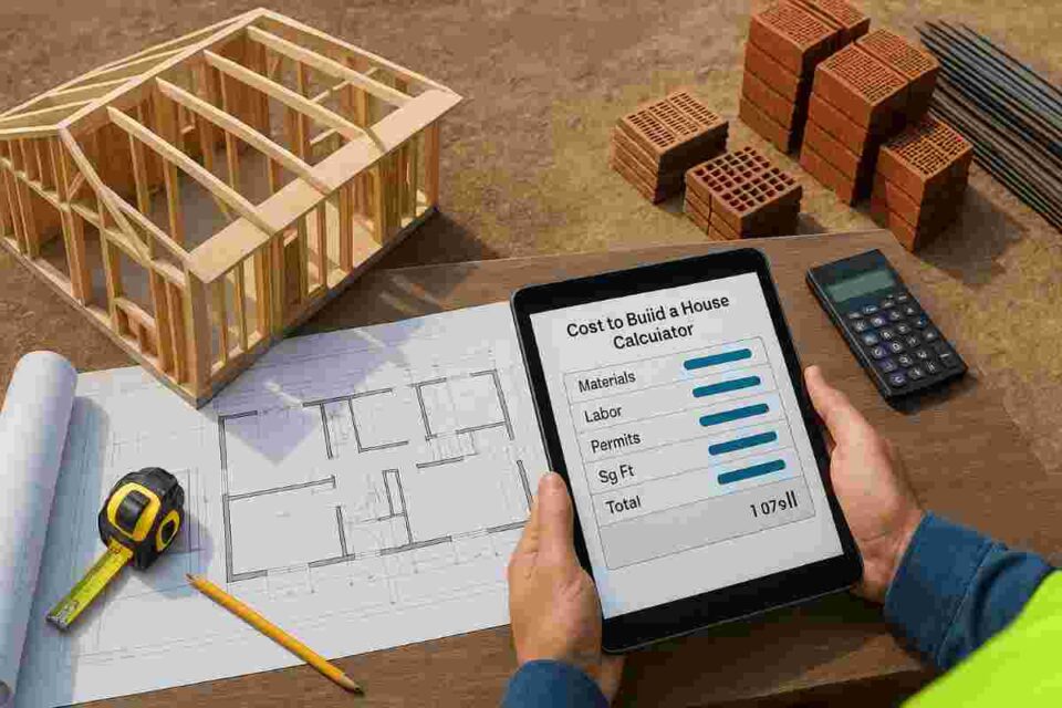 Contractor using a cost to build a house calculator on a tablet beside home blueprints at an active jobsite.