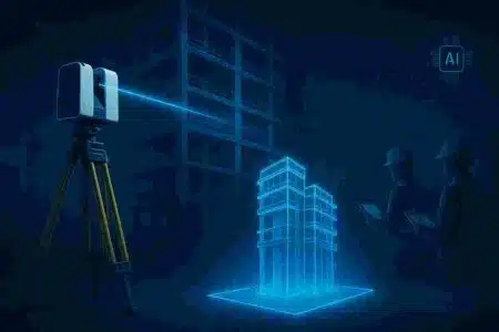 AI-powered robotic scanner creating BIM model from construction site point cloud data