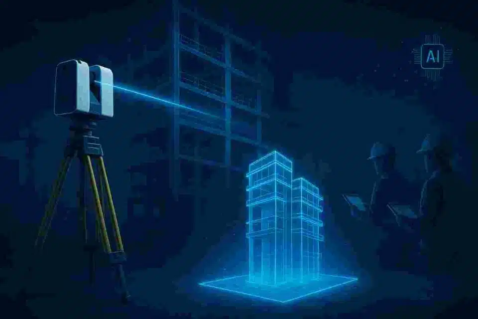 AI-powered robotic scanner creating BIM model from construction site point cloud data