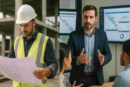 Civil engineer reviewing construction blueprints while using project management software on tablet, representing the transition from technical design to project leadership roles.