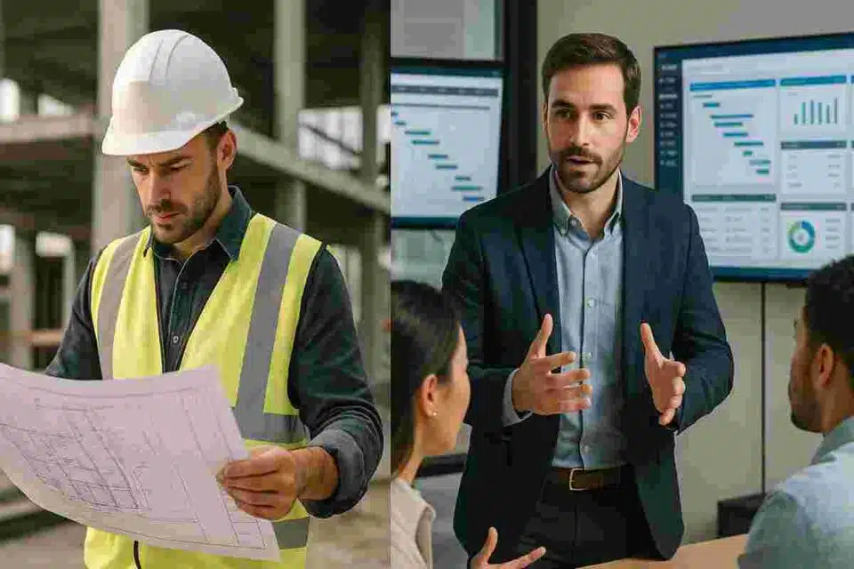 Civil engineer reviewing construction blueprints while using project management software on tablet, representing the transition from technical design to project leadership roles.