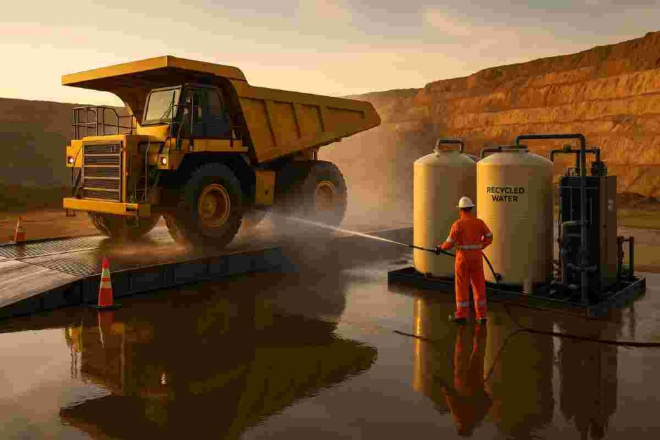 Closed-loop wash rack recycling water at a mining site, with tanks, filters, and a haul truck on the pad