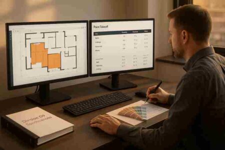 Estimator validating painting takeoff quantities on dual screens with floor plans and CSI Division 09 specs open