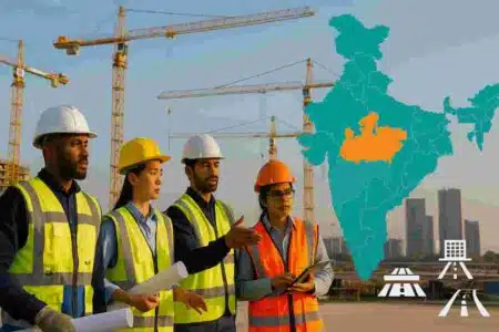Modern construction site with diverse workers in safety gear, cranes in the background, and an India map overlay highlighting Maharashtra, Gujarat, and Uttar Pradesh with sector icons.
