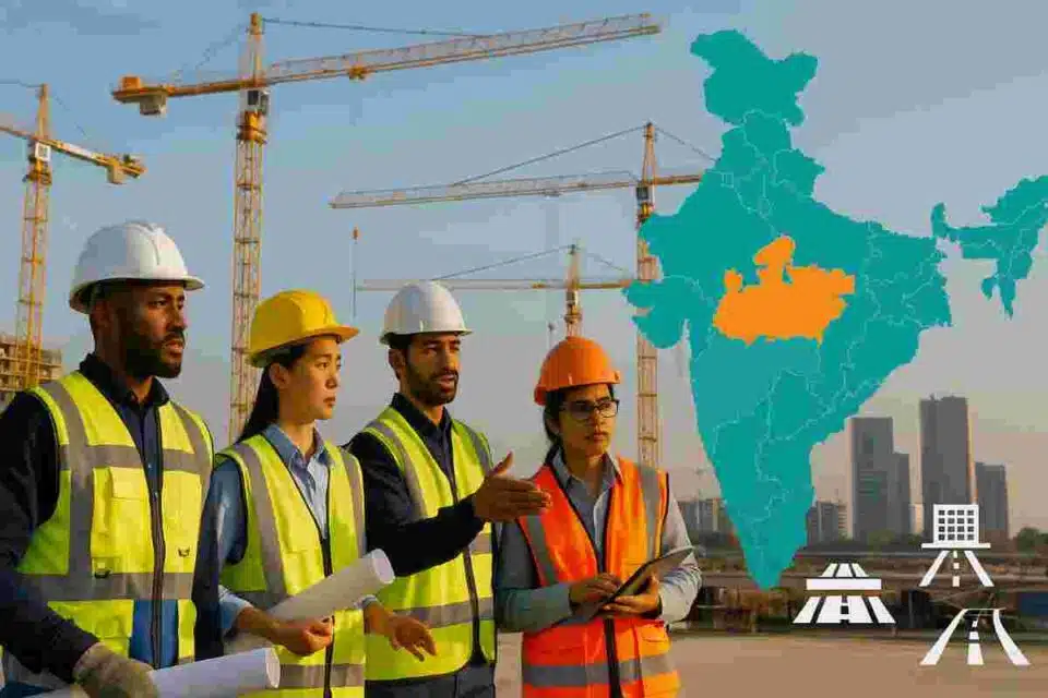 Modern construction site with diverse workers in safety gear, cranes in the background, and an India map overlay highlighting Maharashtra, Gujarat, and Uttar Pradesh with sector icons.
