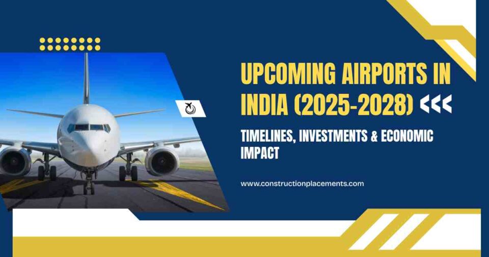 Upcoming airports in India 2025—India map with location pins (Navi Mumbai, Jewar, Dholera, Bhogapuram, Parandur, Kota–Bundi, Puri, Ludhiana, Bokaro) over a dusk runway with aircraft.