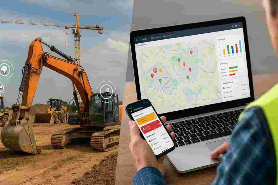 Construction equipment tracking software dashboard showing GPS locations and real-time monitoring of excavators and heavy machinery on job sites