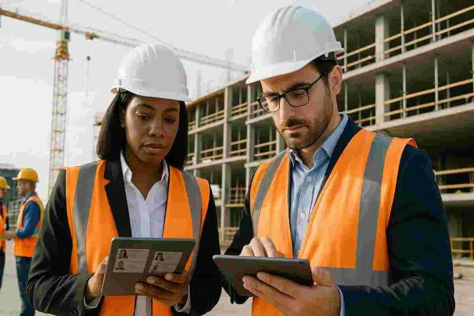 Construction recruiters reviewing candidate profiles on digital tablets at modern construction site with workers and equipment in background