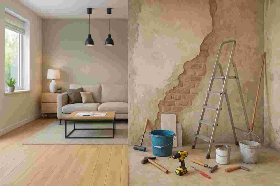 Modern living room under renovation with tools and design plans on a table.