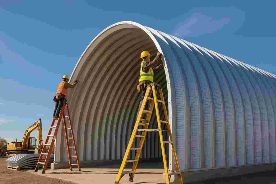 Quonset hut construction site with steel arch frame and workers assembling panels