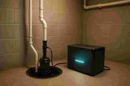 Battery backup system for sump pump in a basement setup
