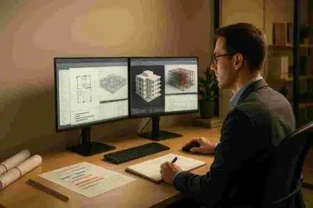 BIM manager reviewing top Revit alternatives on multiple monitors displaying 3D architectural models and software comparison charts
