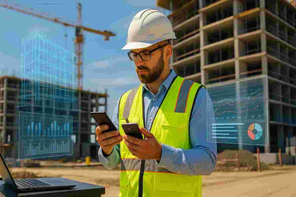 Construction project manager in safety gear using tablet, laptop, and smartphone with holographic BIM models and data dashboards on a jobsite.