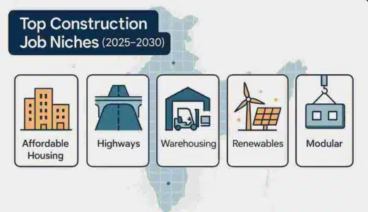 Editorial banner showing India’s map with icons for housing, highways, warehouses, solar/wind and prefab modules, “2025–2030 Job Boom