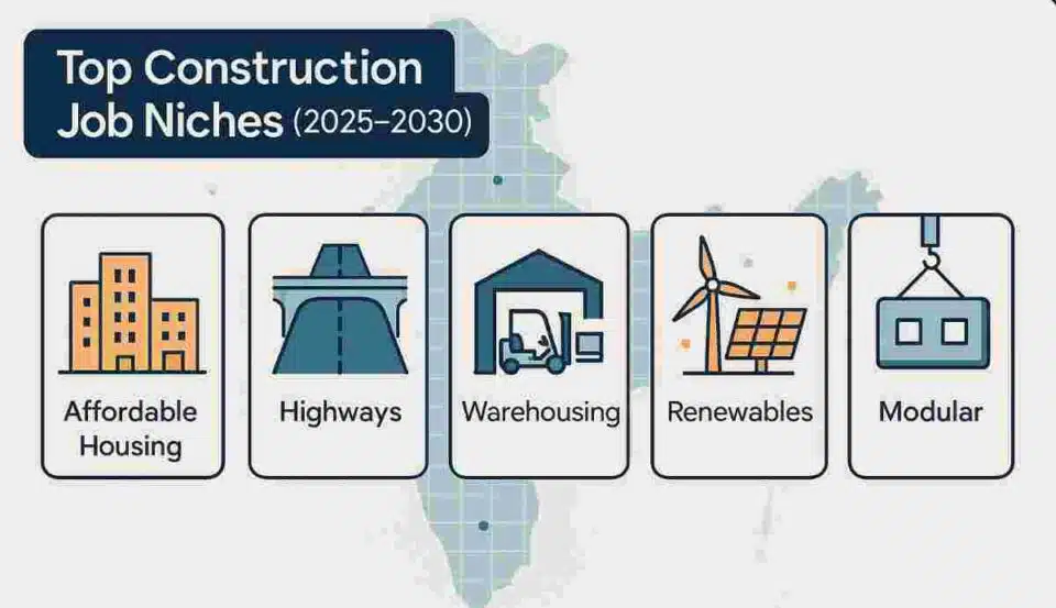 Editorial banner showing India’s map with icons for housing, highways, warehouses, solar/wind and prefab modules, “2025–2030 Job Boom