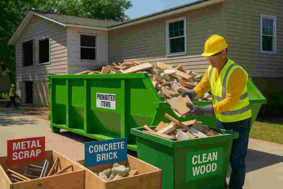 Contractor wearing PPE loads drywall and wood debris into a green 20-yard dumpster beside labeled recycling bins at a residential renovation site.