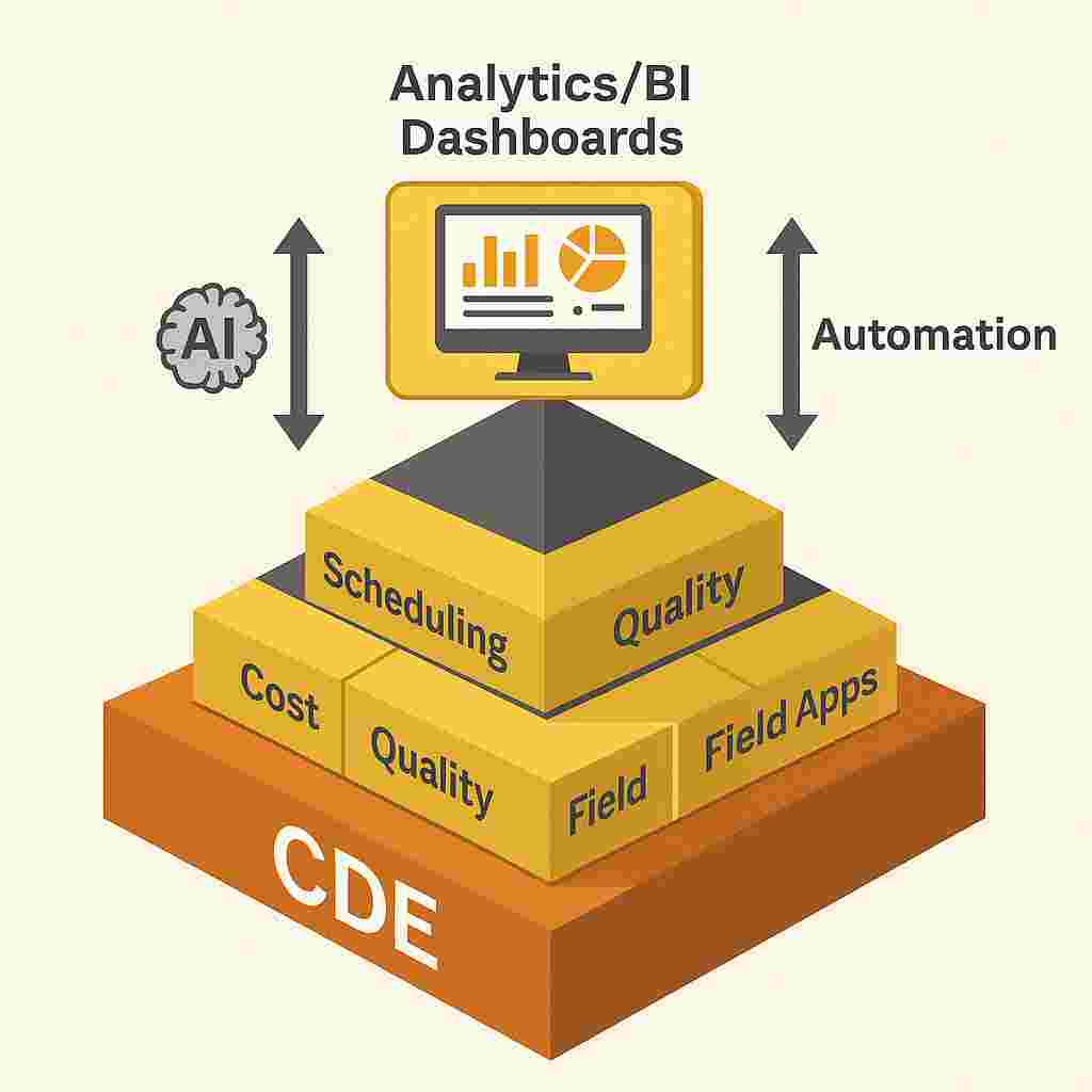 Isometric pyramid diagram showing CDE at the foundation, core construction apps for scheduling, cost, quality, safety, and field management in the middle layer, and analytics dashboards at the top, connected by AI and automation arrows.
