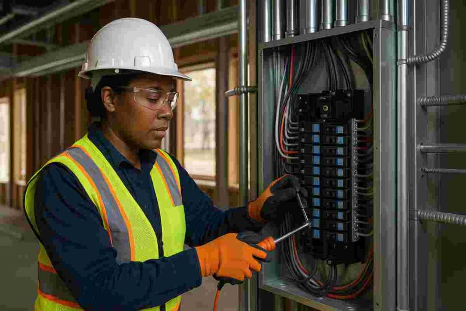 Mid-career construction electrician in PPE using a voltage tester on a breaker panel inside a commercial building under construction.
